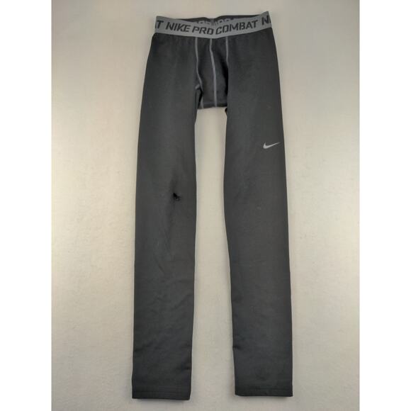 Boys Nike Pro Combat Athletic Compression Pants Size L Black White Swoosh Logo - Picture 1 of 12